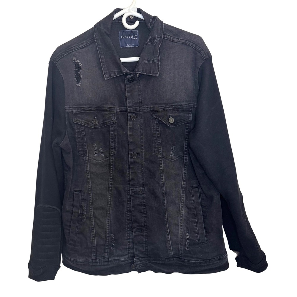 Roosevelt Denim Mens Distressed Trucker Jacket Black Knit Moto Sleeve XL